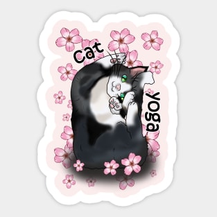 Cute cartoon black and white cat yoga pose in pink flowers Sticker